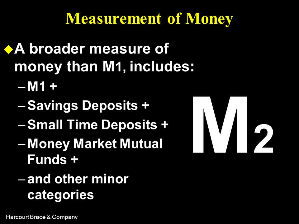 Harcourt Brace & Company Measurement of Money u A broader measure of money than M 1, includes: –M1 + –Savings Deposits + –Small Time Deposits + –Money Market Mutual Funds + –and other minor categories M2M2