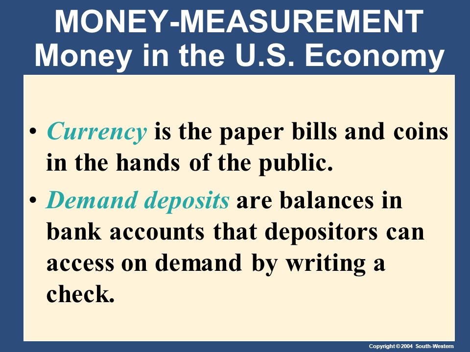 Copyright © 2004 South-Western MONEY-MEASUREMENT Money in the U.S.
