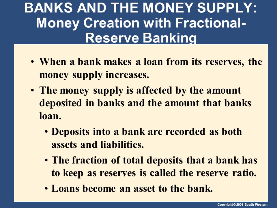 Copyright © 2004 South-Western BANKS AND THE MONEY SUPPLY: Money Creation with Fractional- Reserve Banking When a bank makes a loan from its reserves, the money supply increases.