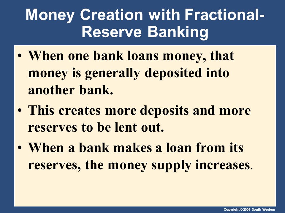 Copyright © 2004 South-Western Money Creation with Fractional- Reserve Banking When one bank loans money, that money is generally deposited into another bank.