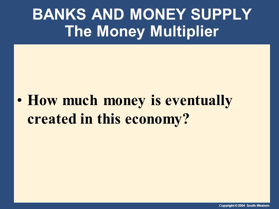 Copyright © 2004 South-Western BANKS AND MONEY SUPPLY The Money Multiplier How much money is eventually created in this economy