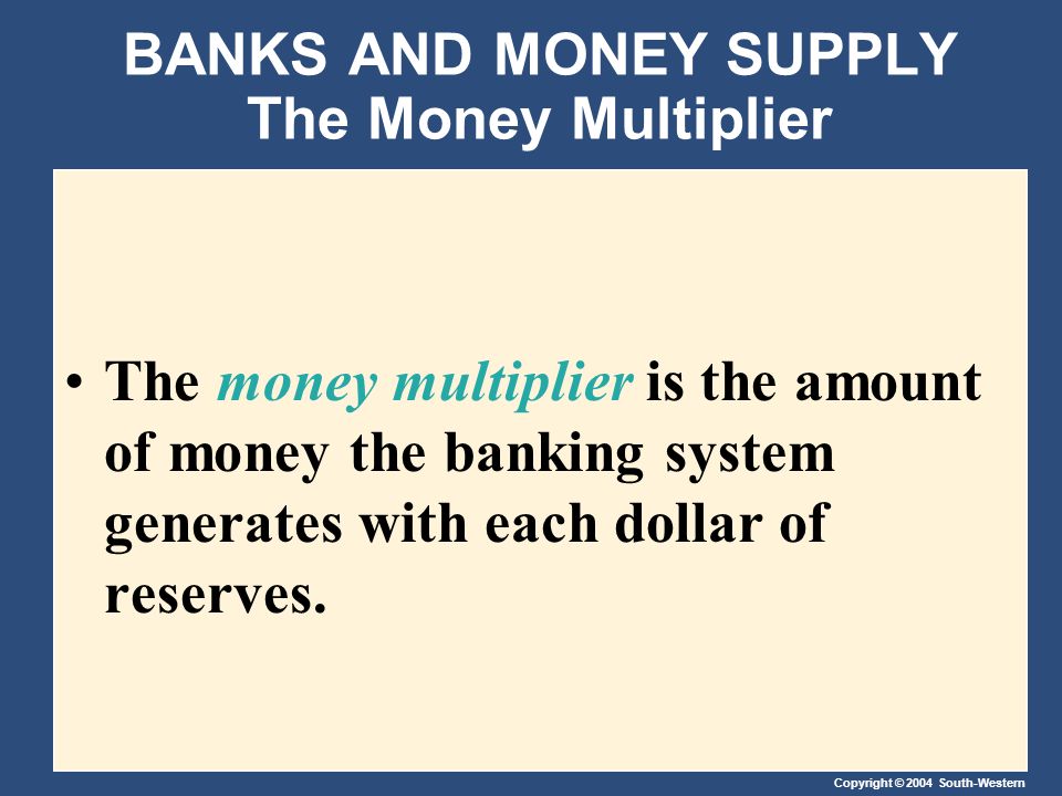 Copyright © 2004 South-Western BANKS AND MONEY SUPPLY The Money Multiplier The money multiplier is the amount of money the banking system generates with each dollar of reserves.