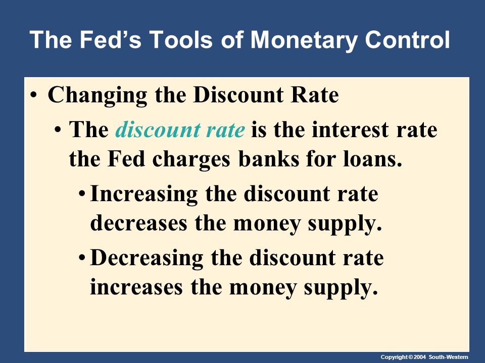 Copyright © 2004 South-Western The Fed’s Tools of Monetary Control Changing the Discount Rate The discount rate is the interest rate the Fed charges banks for loans.