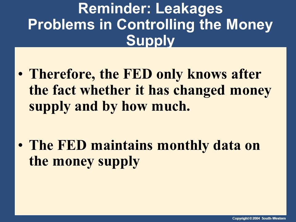 Copyright © 2004 South-Western Reminder: Leakages Problems in Controlling the Money Supply Therefore, the FED only knows after the fact whether it has changed money supply and by how much.