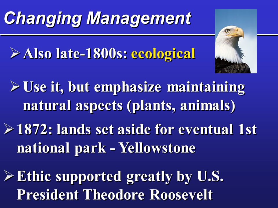 Changing Management  Also late-1800s: ecological  Use it, but emphasize maintaining natural aspects (plants, animals)  Use it, but emphasize maintaining natural aspects (plants, animals)  1872: lands set aside for eventual 1st national park - Yellowstone  1872: lands set aside for eventual 1st national park - Yellowstone  Ethic supported greatly by U.S.