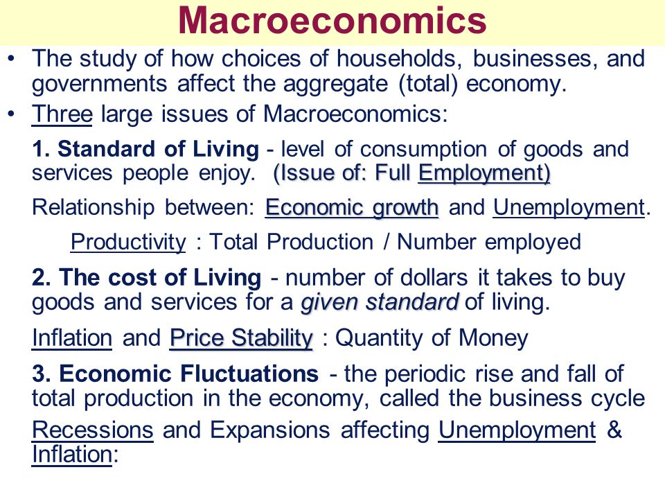 The study of how choices of households, businesses, and governments affect the aggregate (total) economy.