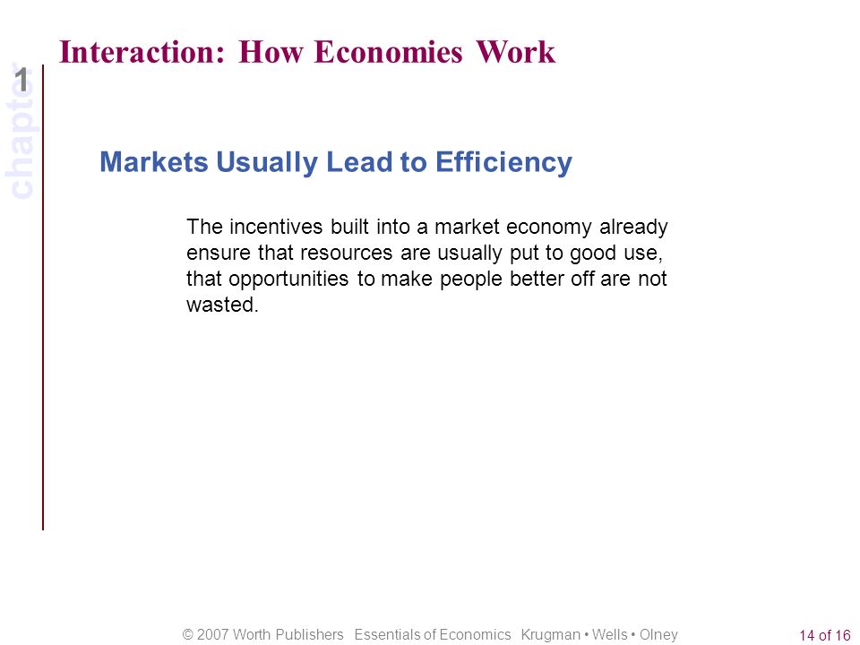 chapter 1 © 2007 Worth Publishers Essentials of Economics Krugman Wells Olney 14 of 16 Interaction: How Economies Work Markets Usually Lead to Efficiency The incentives built into a market economy already ensure that resources are usually put to good use, that opportunities to make people better off are not wasted.