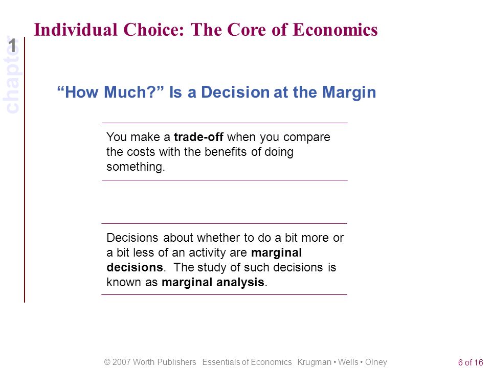 chapter 1 © 2007 Worth Publishers Essentials of Economics Krugman Wells Olney 6 of 16 Individual Choice: The Core of Economics You make a trade-off when you compare the costs with the benefits of doing something.