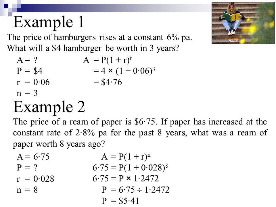 Example 1 The price of hamburgers rises at a constant 6% pa.