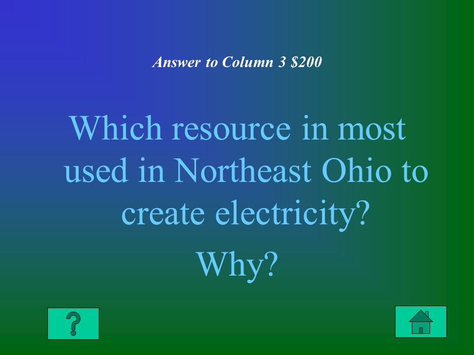 Answer to Column 3 $200 Which resource in most used in Northeast Ohio to create electricity Why