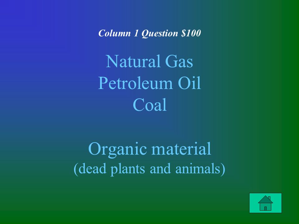 Column 1 Question $100 Natural Gas Petroleum Oil Coal Organic material (dead plants and animals)