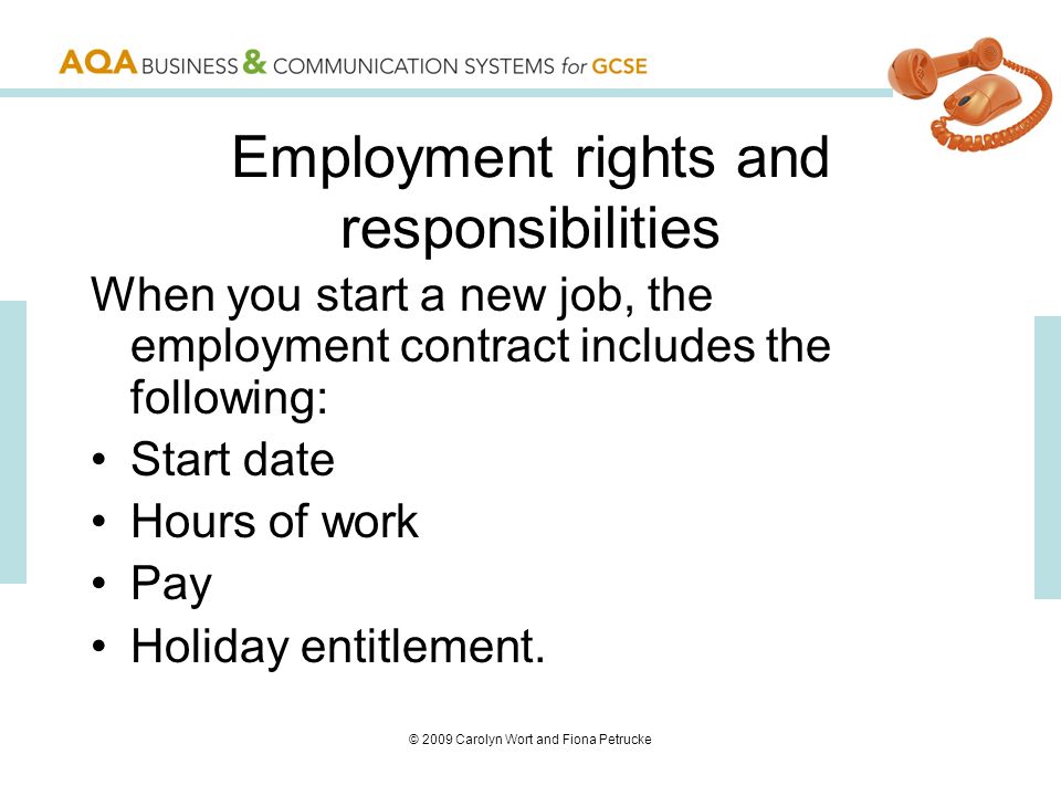 © 2009 Carolyn Wort and Fiona Petrucke Employment rights and responsibilities When you start a new job, the employment contract includes the following: Start date Hours of work Pay Holiday entitlement.