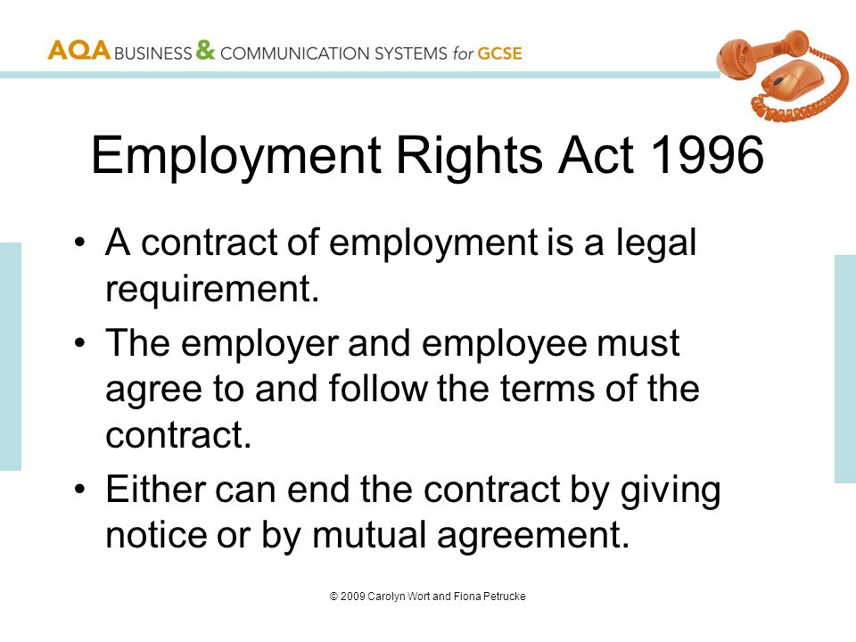 © 2009 Carolyn Wort and Fiona Petrucke Employment Rights Act 1996 A contract of employment is a legal requirement.