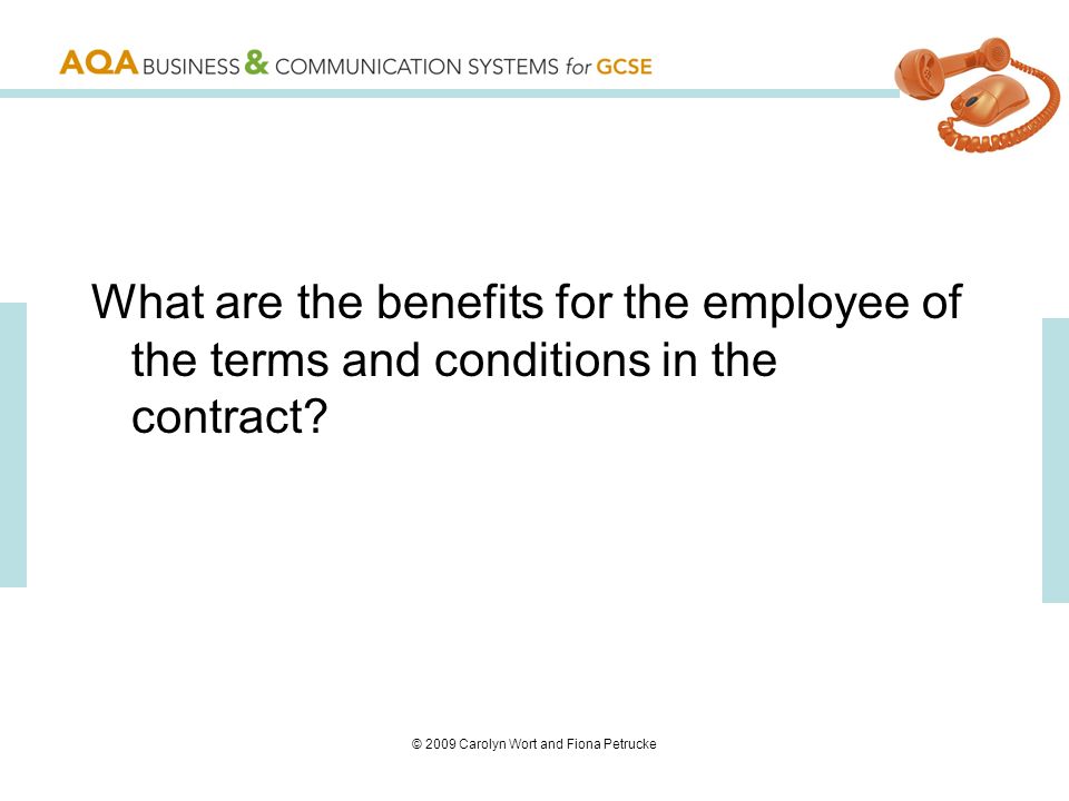 © 2009 Carolyn Wort and Fiona Petrucke What are the benefits for the employee of the terms and conditions in the contract