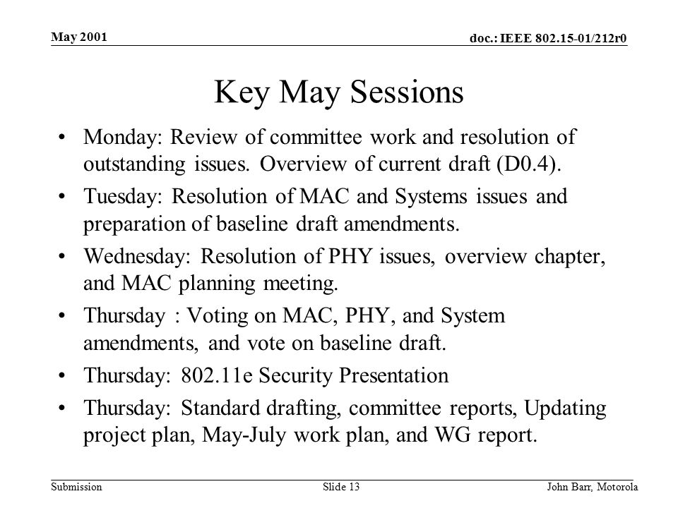 doc.: IEEE /212r0 Submission May 2001 John Barr, MotorolaSlide 13 Key May Sessions Monday: Review of committee work and resolution of outstanding issues.