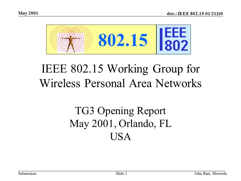 doc.: IEEE /212r0 Submission May 2001 John Barr, MotorolaSlide 2 IEEE Working Group for Wireless Personal Area Networks TG3 Opening Report May 2001, Orlando, FL USA