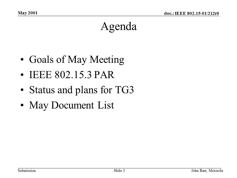 doc.: IEEE /212r0 Submission May 2001 John Barr, MotorolaSlide 3 Agenda Goals of May Meeting IEEE PAR Status and plans for TG3 May Document List