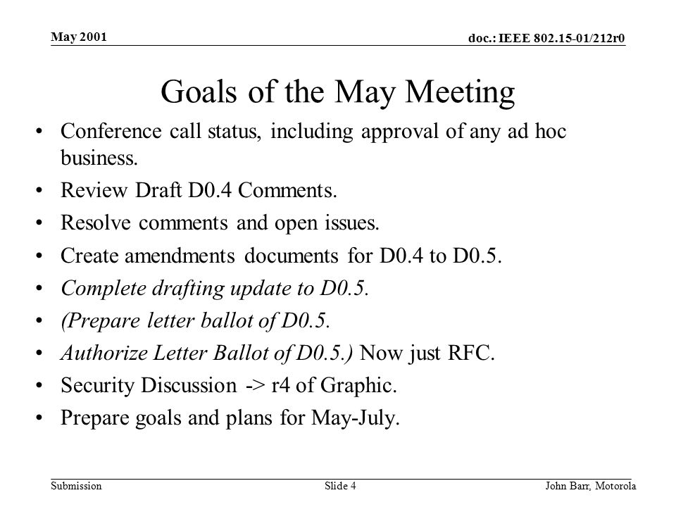 doc.: IEEE /212r0 Submission May 2001 John Barr, MotorolaSlide 4 Goals of the May Meeting Conference call status, including approval of any ad hoc business.
