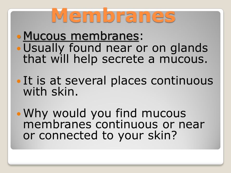 Mucous membranes Mucous membranes: Usually found near or on glands that will help secrete a mucous.