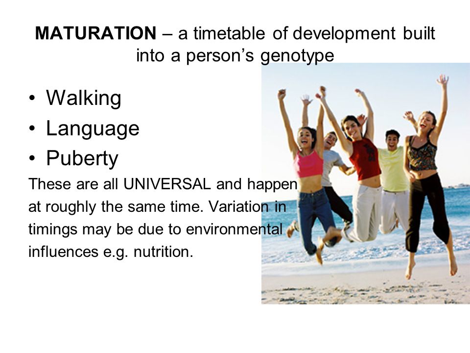 MATURATION – a timetable of development built into a person’s genotype Walking Language Puberty These are all UNIVERSAL and happen at roughly the same time.