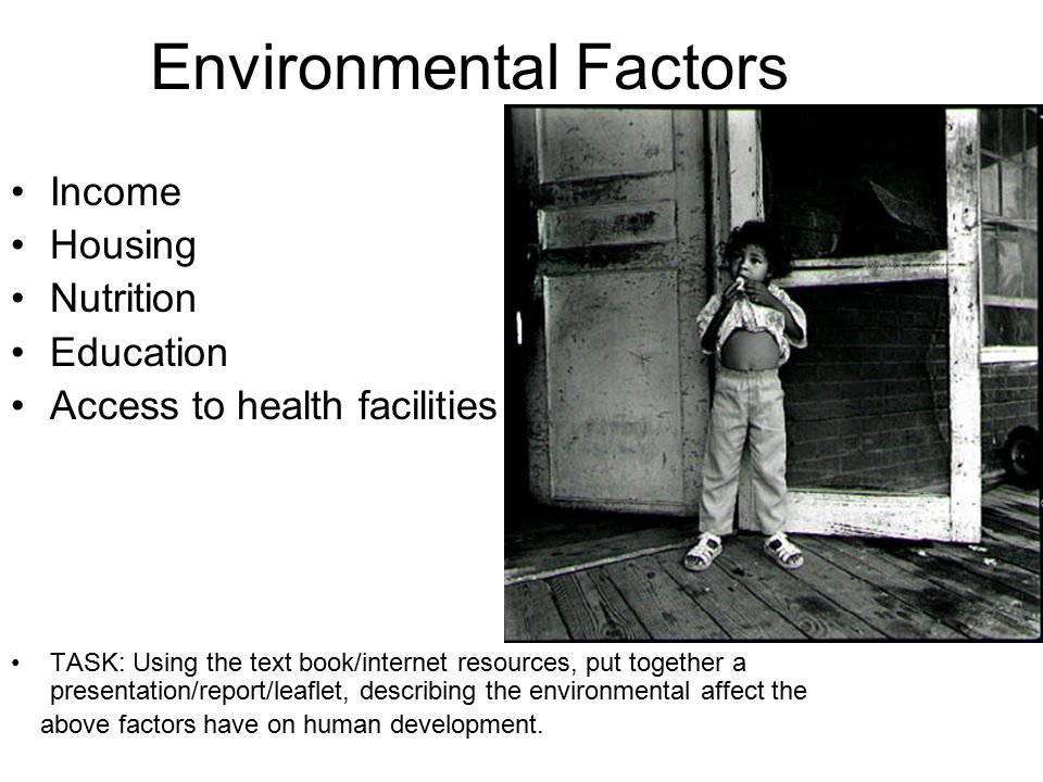 Environmental Factors Income Housing Nutrition Education Access to health facilities TASK: Using the text book/internet resources, put together a presentation/report/leaflet, describing the environmental affect the above factors have on human development.