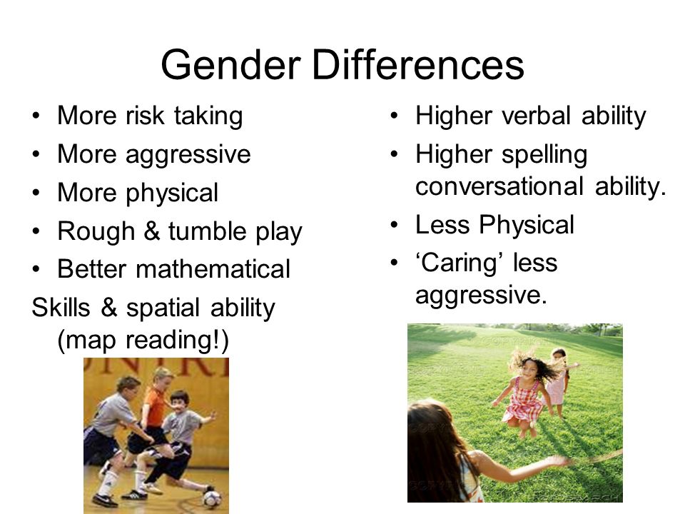 Gender Differences More risk taking More aggressive More physical Rough & tumble play Better mathematical Skills & spatial ability (map reading!) Higher verbal ability Higher spelling conversational ability.