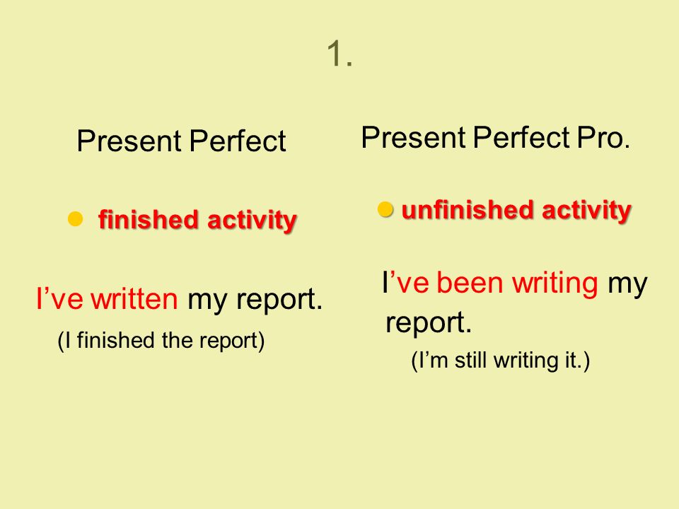 1. Present Perfect finished activity I’ve written my report.