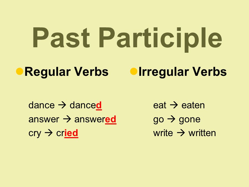 Past Participle Regular Verbs dance  danced answer  answered cry  cried Irregular Verbs eat  eaten go  gone write  written