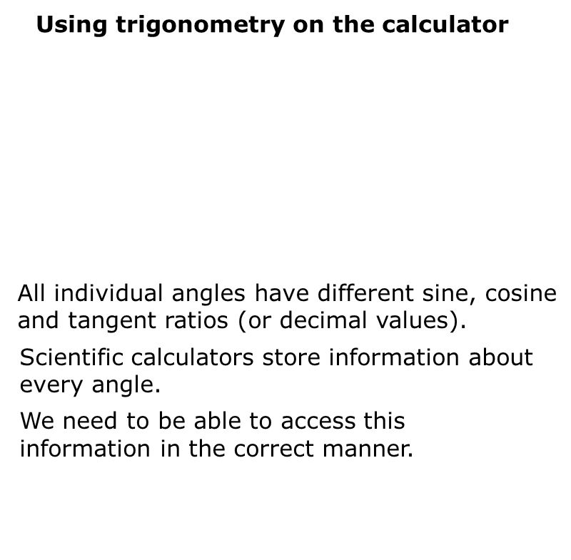 Using trigonometry on the calculator All individual angles have different sine, cosine and tangent ratios (or decimal values).