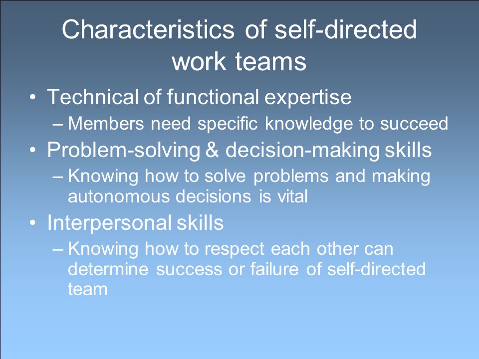 self directed work teams at bhi Free essay: “critically examine the effectiveness of self-directed work teams” self-managed work teams can be defined as a small number of employees with. self directed work teams at bhi Free essay: “critically examine the effectiveness of self-directed work teams” self-managed work teams can be defined as a small number of employees with.