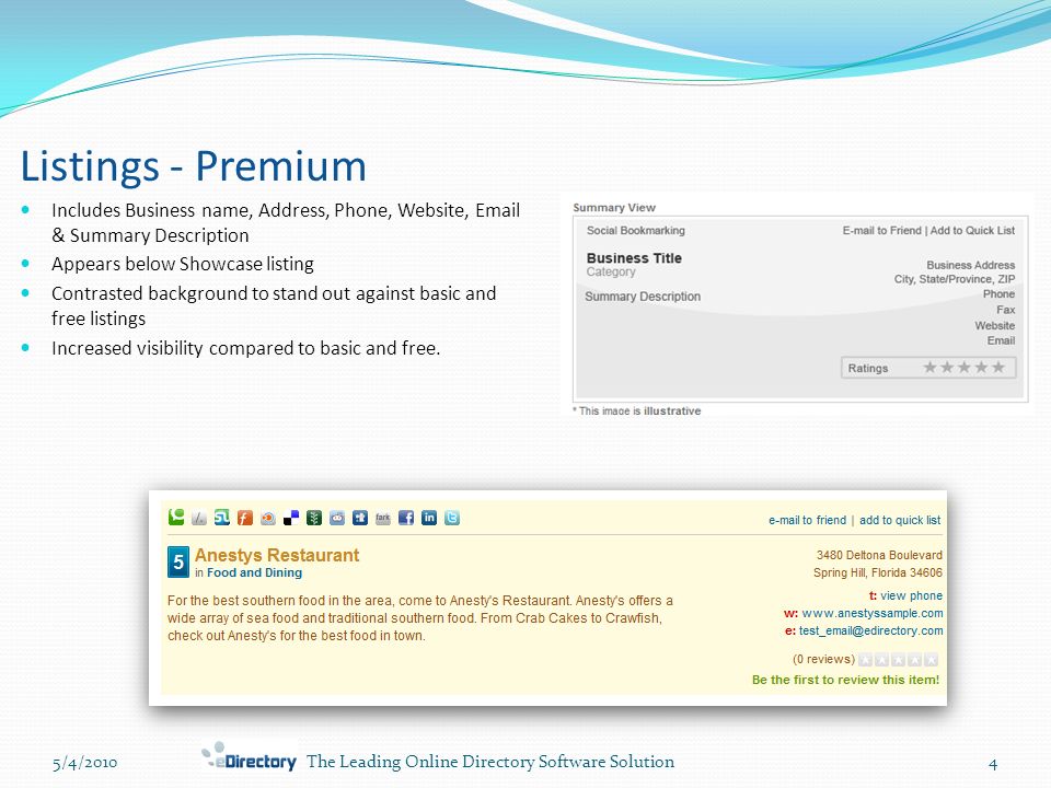 5/4/20104The Leading Online Directory Software Solution Listings - Premium Includes Business name, Address, Phone, Website,  & Summary Description Appears below Showcase listing Contrasted background to stand out against basic and free listings Increased visibility compared to basic and free.