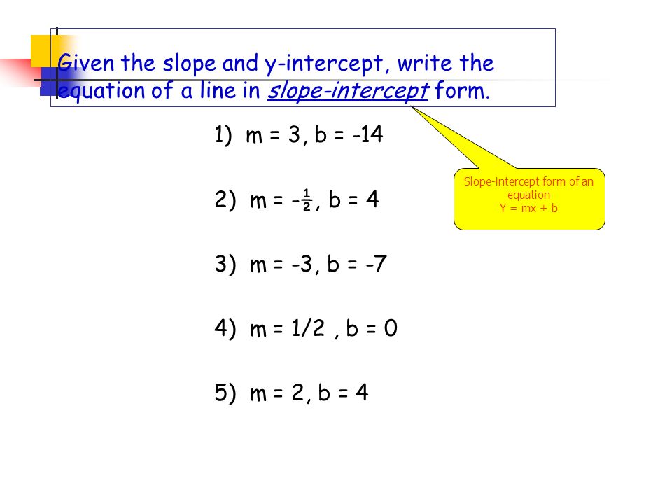Writing The Equation Of A Line Review Slope Intercept Form Given The Slope And Y Intercept Write Equation Of A Line In