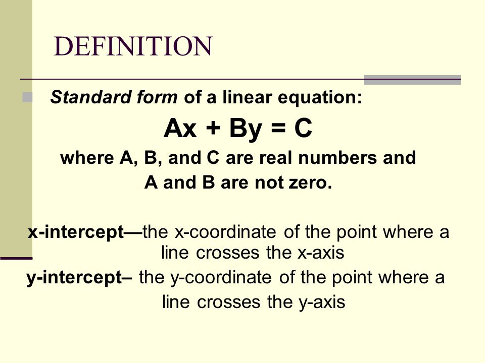 Standard Form Linear Equation Talkchannels Lesson 6 3 Part 1 Standard Form Page 298 Objective To Graph Line Equation Forms Talkchannels Print Linear Equations Intercepts