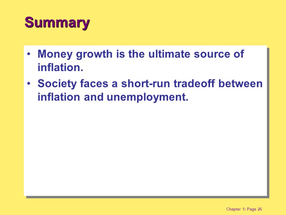 Chapter 1: Page 26 Summary Money growth is the ultimate source of inflation.