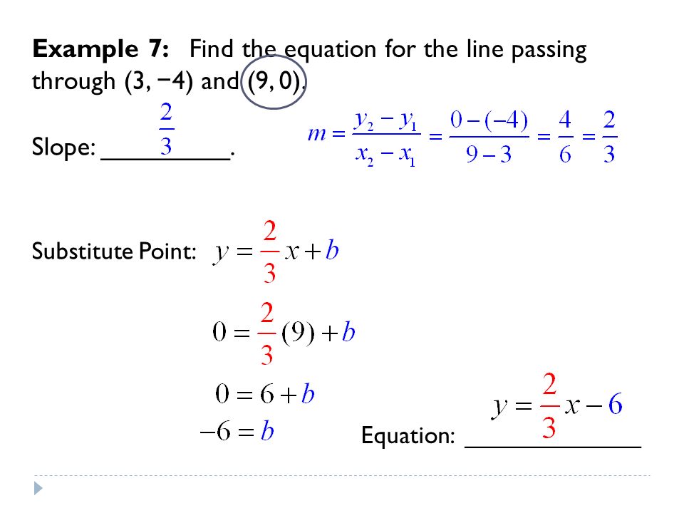 Example 7: Find the equation for the line passing through (3, − 4) and (9, 0).