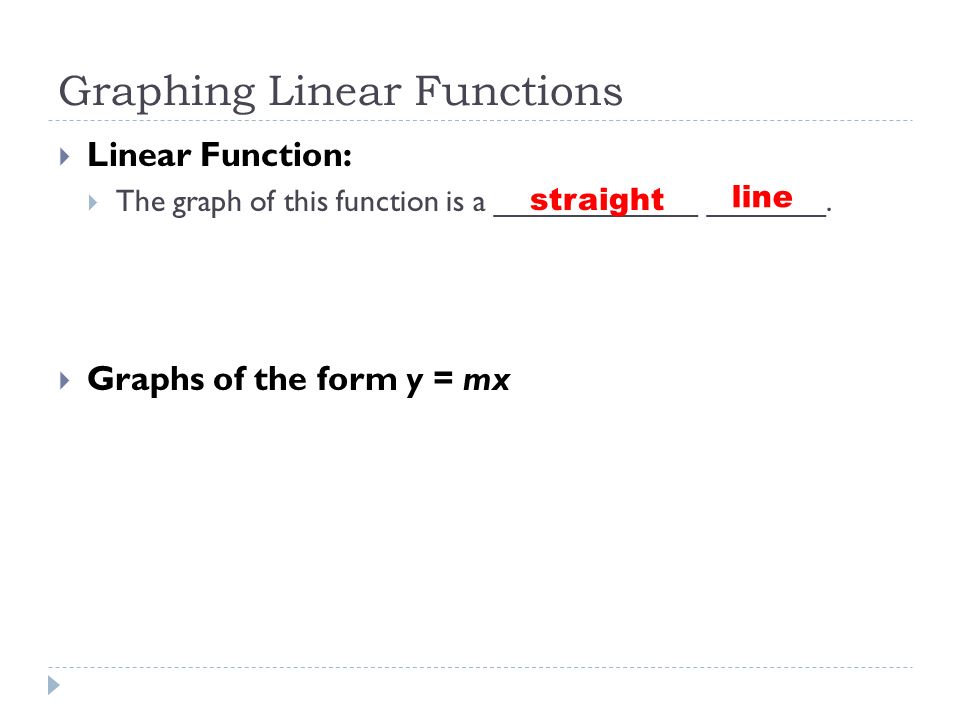 Graphing Linear Functions  Linear Function:  The graph of this function is a ____________ _______.