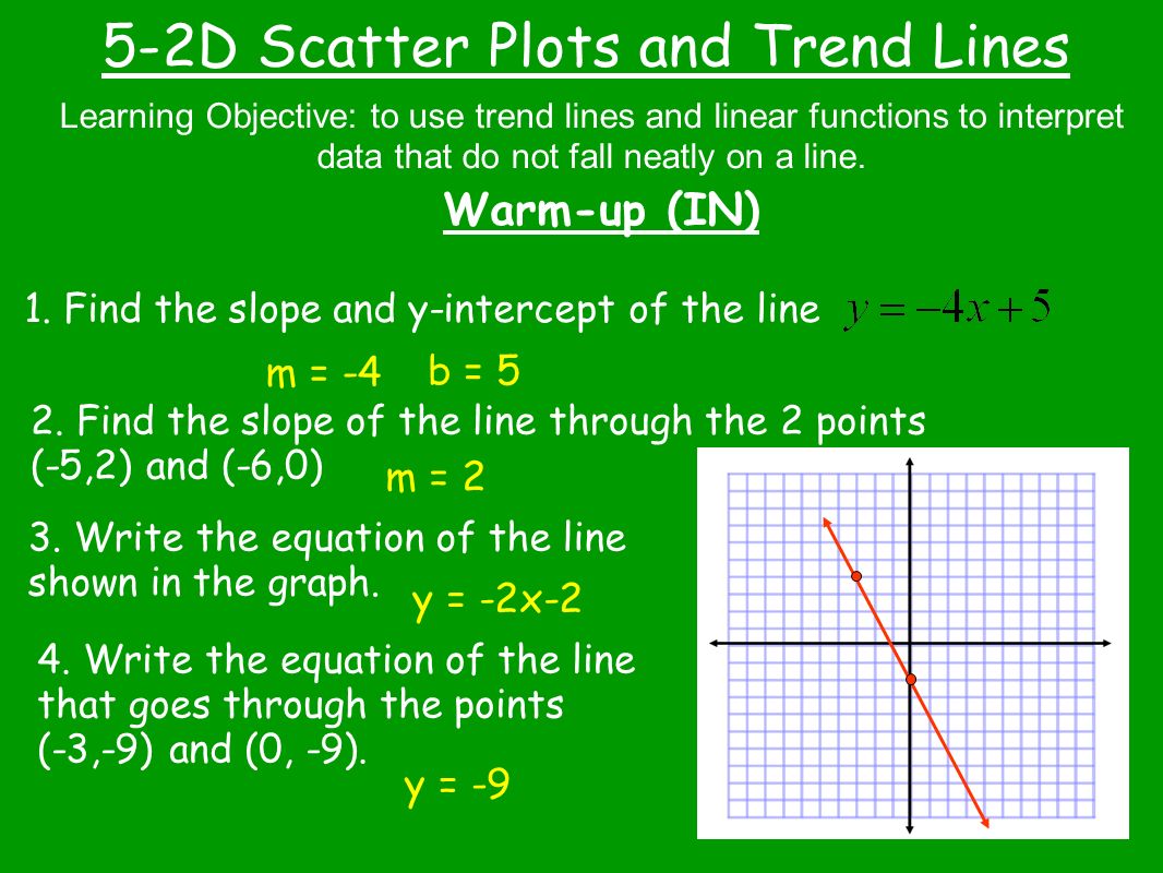 5-2D Scatter Plots and Trend Lines Warm-up (IN) Learning Objective: to use trend lines and linear functions to interpret data that do not fall neatly on a line.