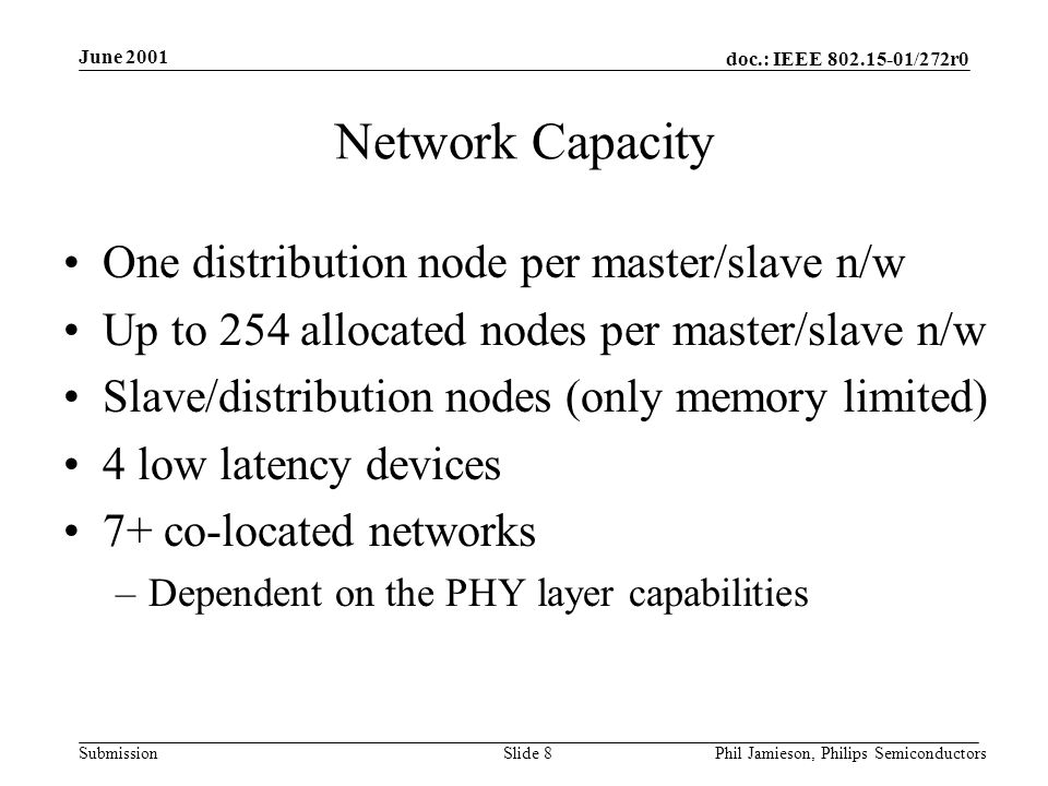 doc.: IEEE /272r0 Submission June 2001 Phil Jamieson, Philips SemiconductorsSlide 8 Network Capacity One distribution node per master/slave n/w Up to 254 allocated nodes per master/slave n/w Slave/distribution nodes (only memory limited) 4 low latency devices 7+ co-located networks –Dependent on the PHY layer capabilities