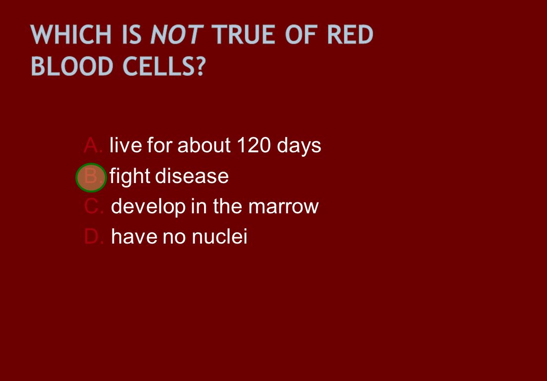 A. live for about 120 days B. fight disease C. develop in the marrow D. have no nuclei