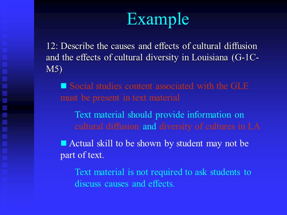 Example 12: Describe the causes and effects of cultural diffusion and the effects of cultural diversity in Louisiana (G-1C- M5) Social studies content associated with the GLE must be present in text material Text material should provide information on cultural diffusion and diversity of cultures in LA Actual skill to be shown by student may not be part of text.