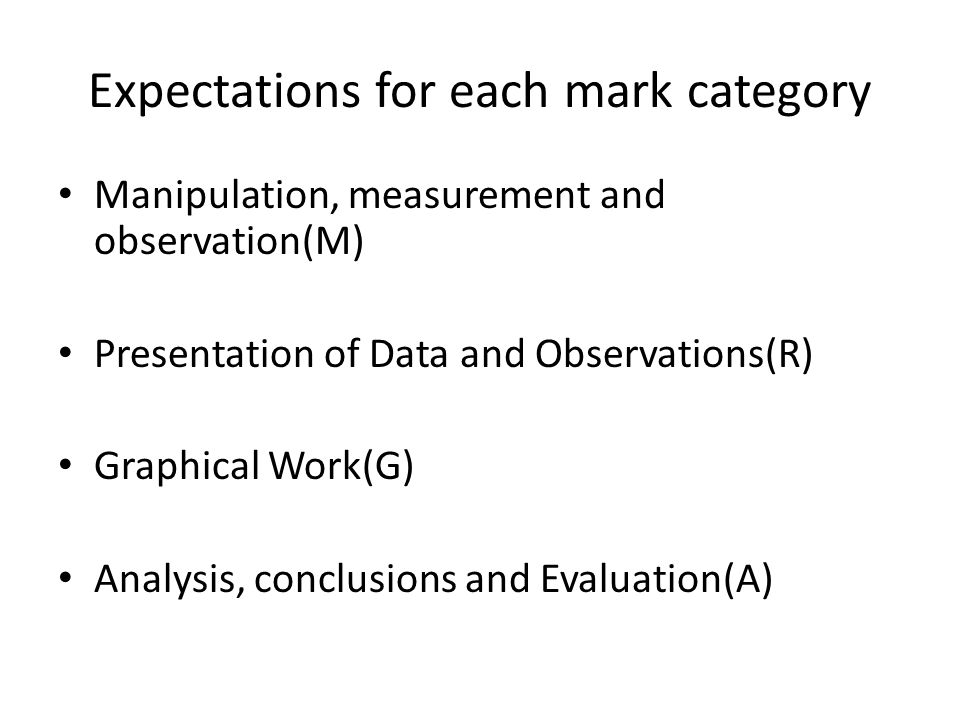 Expectations for each mark category Manipulation, measurement and observation(M) Presentation of Data and Observations(R) Graphical Work(G) Analysis, conclusions and Evaluation(A)
