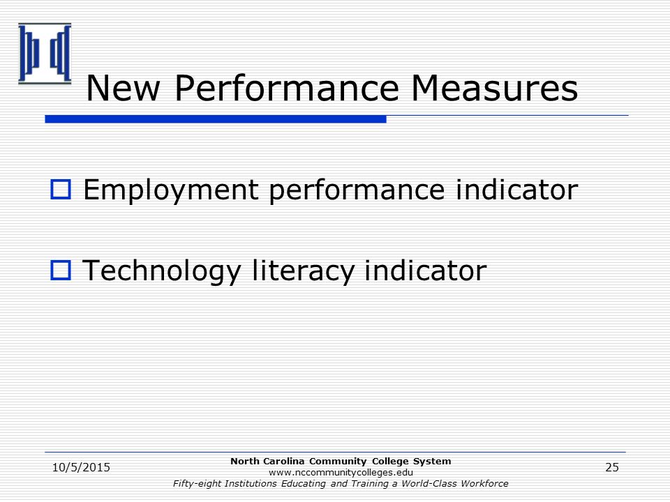 North Carolina Community College System   Fifty-eight Institutions Educating and Training a World-Class Workforce New Performance Measures  Employment performance indicator  Technology literacy indicator 10/5/201525