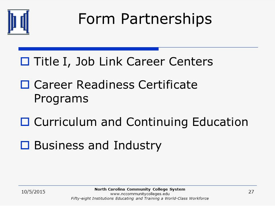 North Carolina Community College System   Fifty-eight Institutions Educating and Training a World-Class Workforce Form Partnerships  Title I, Job Link Career Centers  Career Readiness Certificate Programs  Curriculum and Continuing Education  Business and Industry 10/5/201527