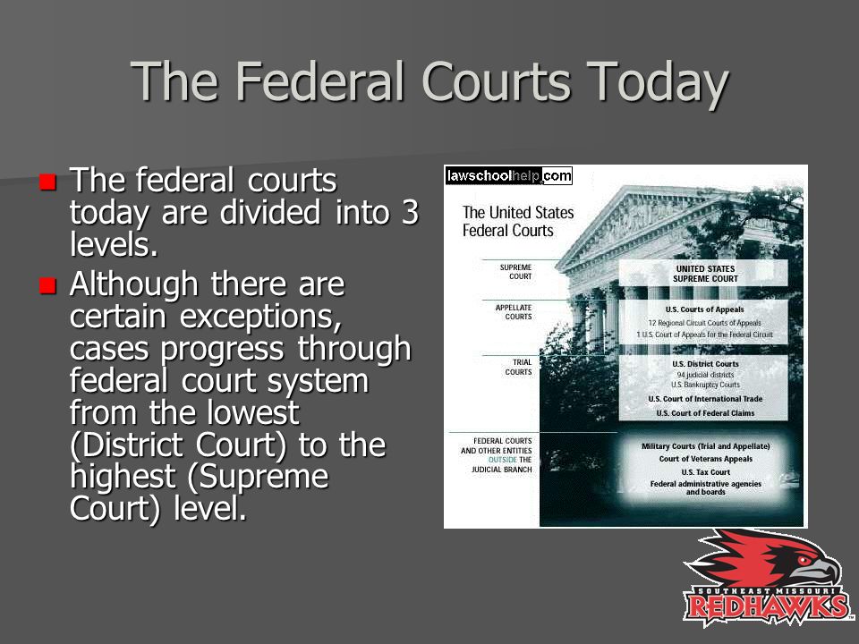 The Federal Courts Today The federal courts today are divided into 3 levels.