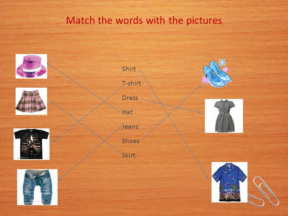 Match the words with the pictures Shirt T-shirt Dress Hat Jeans Shoes Skirt
