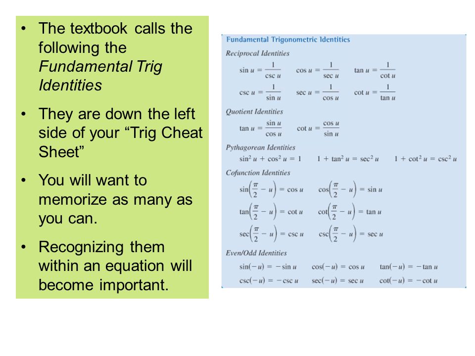 lesson 5 1 using trig identities the textbook calls the following trig identities cheat sheet