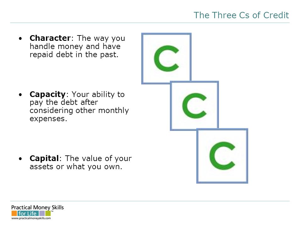 The Three Cs of Credit Character: The way you handle money and have repaid debt in the past.