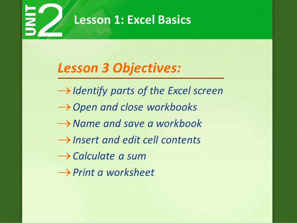 Lesson 1: Excel Basics  Identify parts of the Excel screen  Open and close workbooks  Name and save a workbook  Insert and edit cell contents  Calculate a sum  Print a worksheet Lesson 3 Objectives: