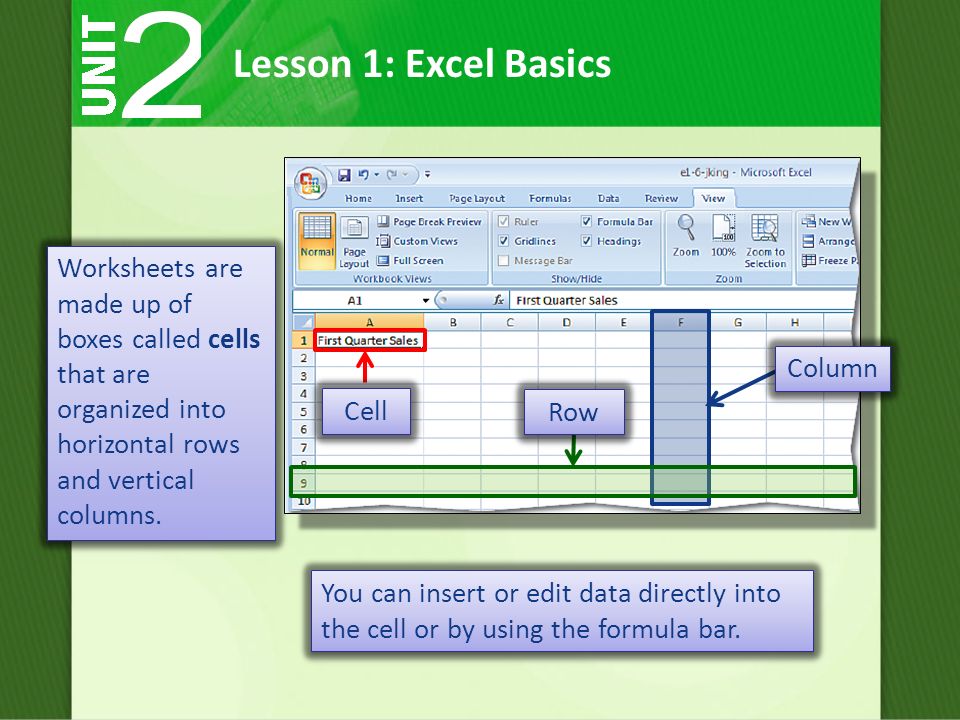 Lesson 1: Excel Basics You can insert or edit data directly into the cell or by using the formula bar.