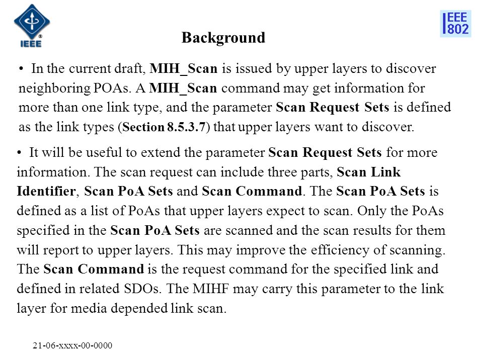 21-06-xxxx In the current draft, MIH_Scan is issued by upper layers to discover neighboring POAs.
